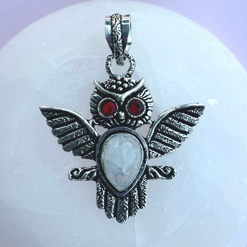 925 Sterling moonstone & garnet owl pendant